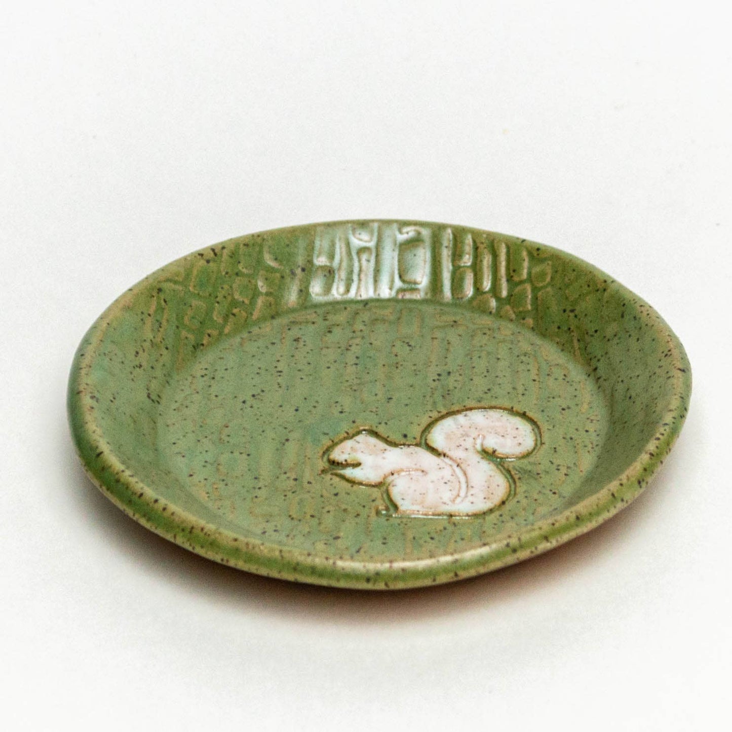 White Squirrel Ceramic Round Trinket Dish Handmade Green