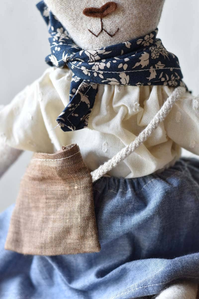 Ruthie the Rabbit – Handmade Wool Doll in Chambray Skirt : Pants