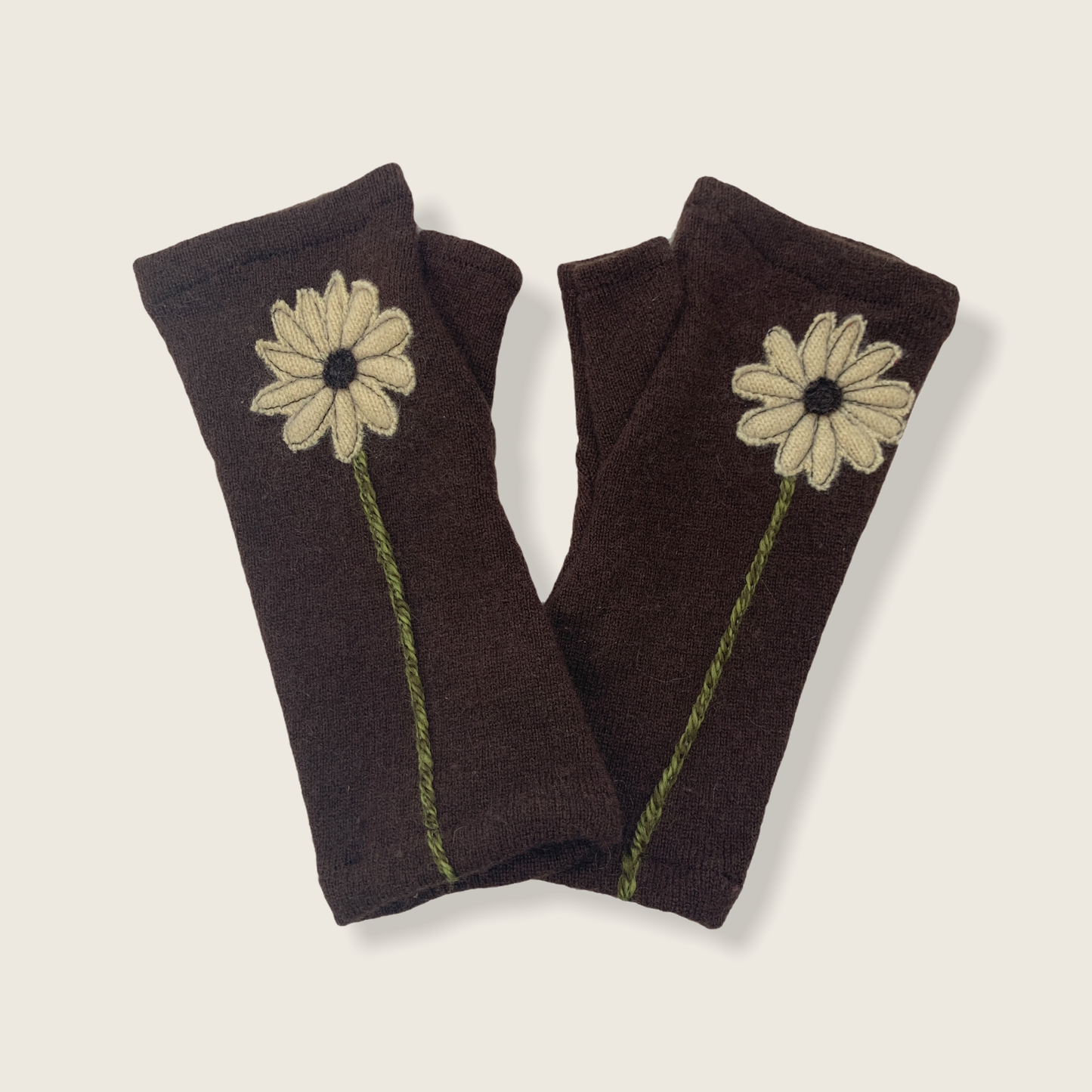 Fingerless Cashmere Gloves-Daisy: Cream on Brown / One Size Fits Most