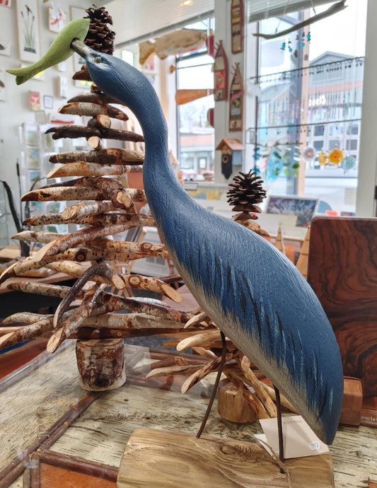 blue-heron-with-green-fish-wood-carved