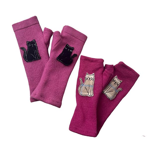 Fingerless Cashmere Gloves-Cat: Black on Grey / One Size Fits Most