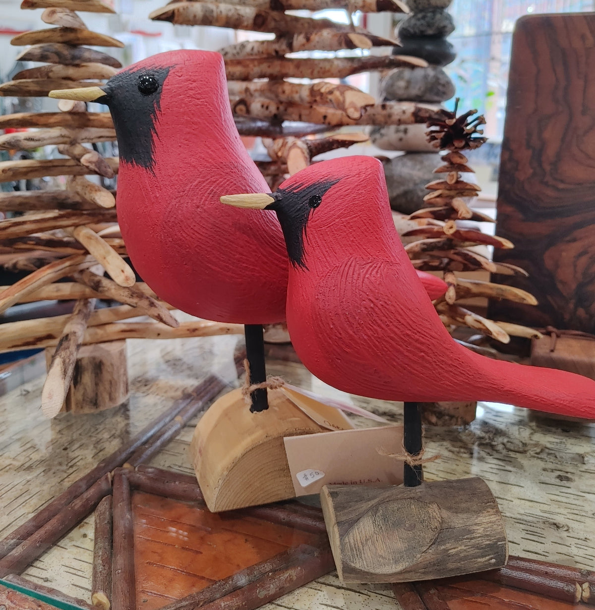 two-red-cardinal-bird-wood-sculpture