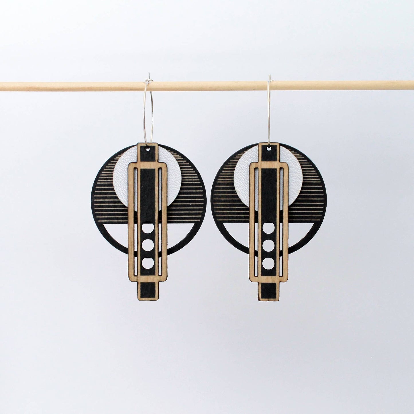 Architectural Lightweight Leather+Birch earring: Wright BLK