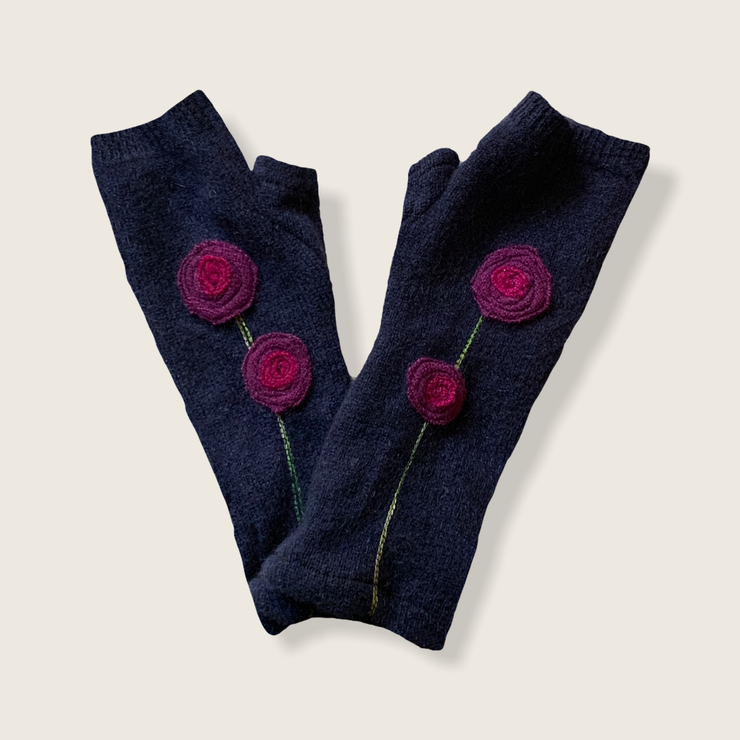 Fingerless Cashmere Gloves-Double Blooming Rose: Purple on Navy / One Size Fits Most