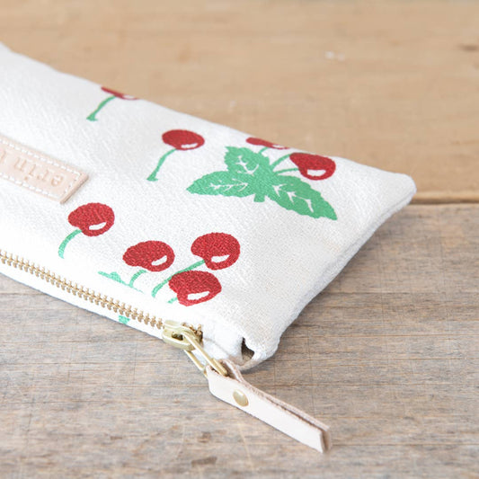 Cherry Pencil Bag: Cherry Red + Sea Foam | Natural Zip / Cotton Barkcloth / Flat