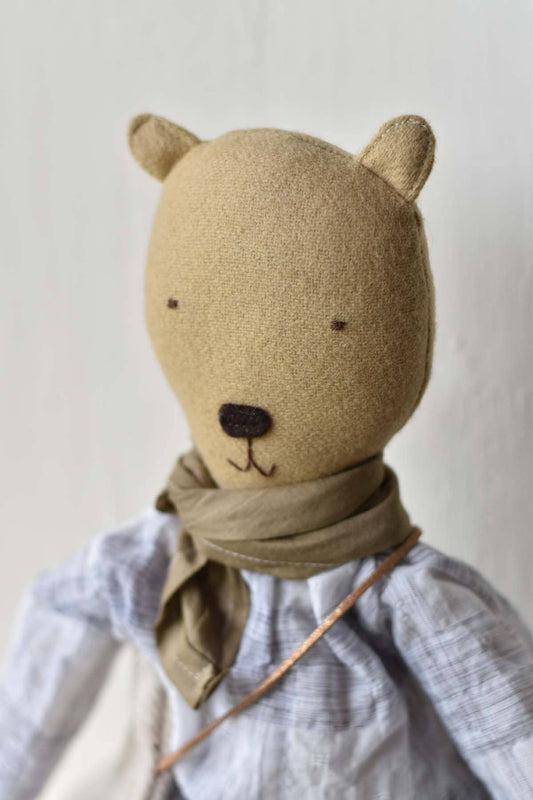 Agatha the Bear – Handmade Wool Doll in Grid Plaid Dress