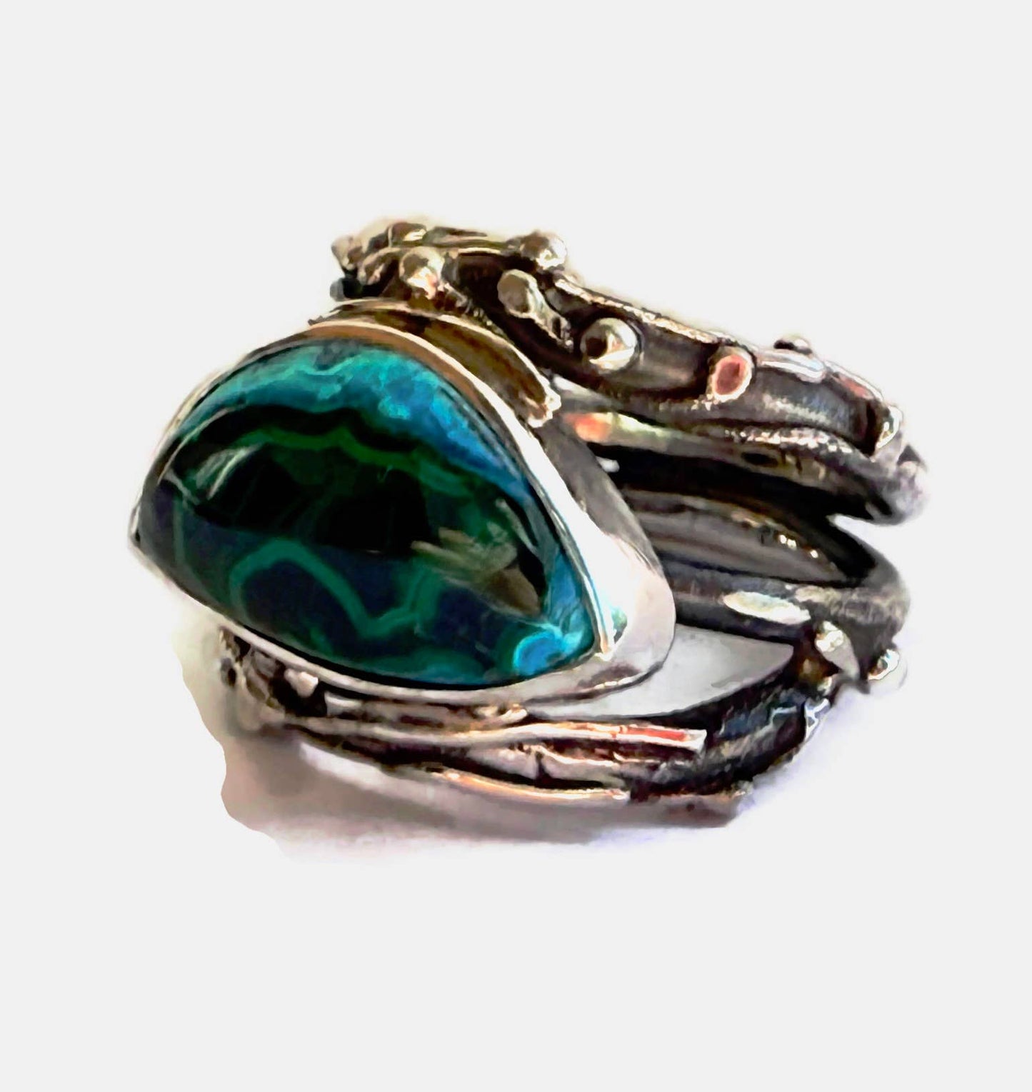 Chrysocolla Malachite Cabochon Fused Twig Ring - Size 7