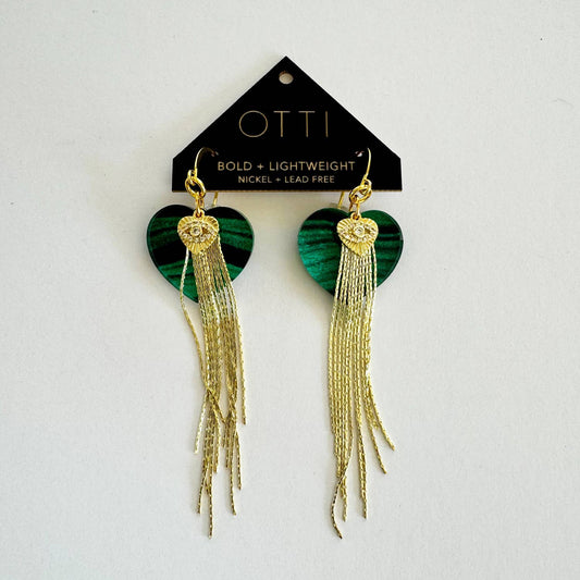 18K Gold Fringe earring: Malachite Sacred Heart/Evil Eye