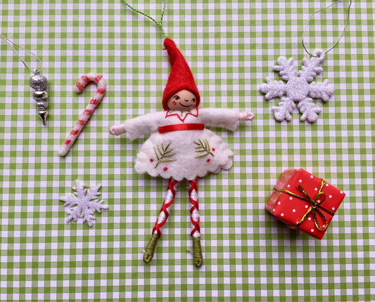 Happy Holidays Pixie Ornament in White: Red