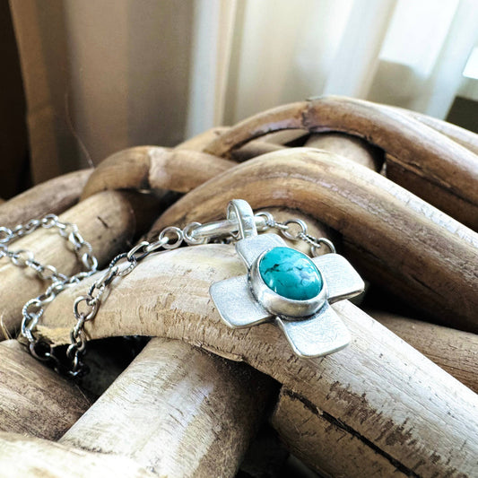 Sterling Silver Turquoise Cross Necklace: 16in -18in