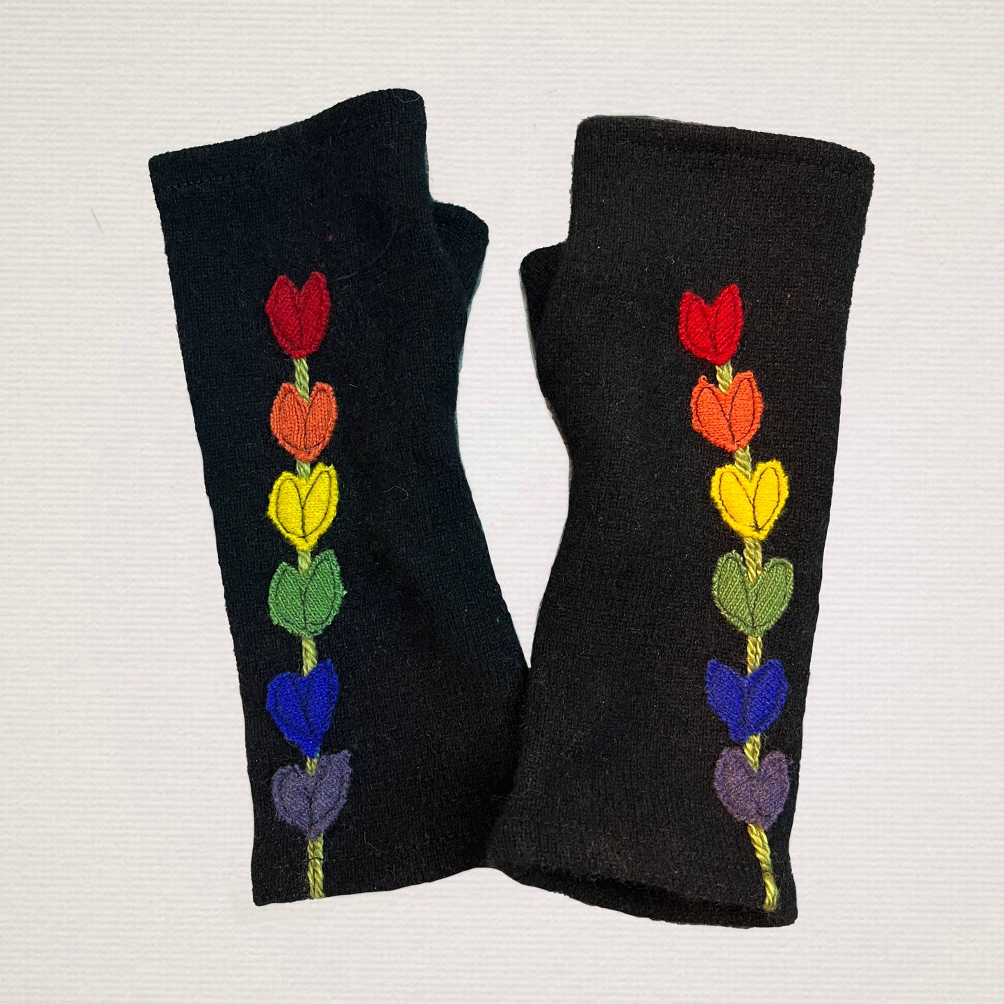 Fingerless Cashmere Gloves-Lupine: Rainbow on Black / One Size Fits Most