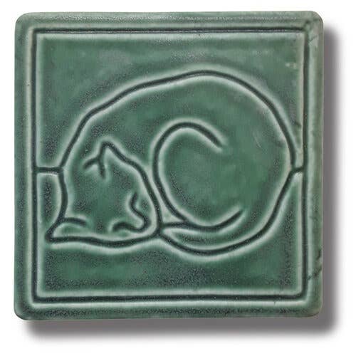 Line Cat Art Tile Sleeping Cat : Bermuda Green Glaze