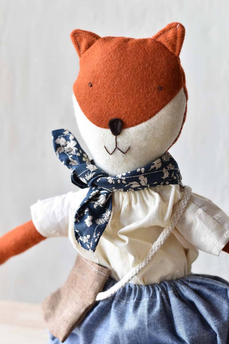 Florette the Fox – Handmade Wool Doll -Chambray Skirt + top