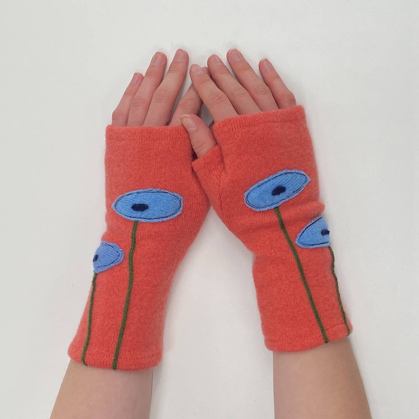 Fingerless Cashmere Gloves-Oval Poppy: Blue on Orange