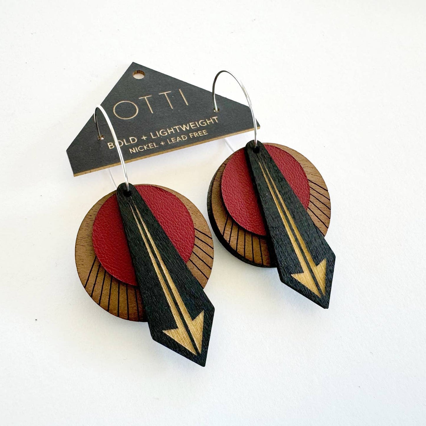 Architectural Leather + Birch earring: Arrow Walnut Oxblood