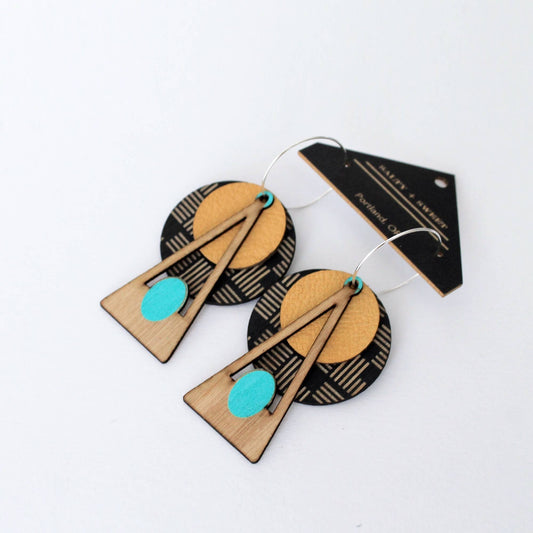Architectural Lightweight Leather + Birch earring: Deco GEO