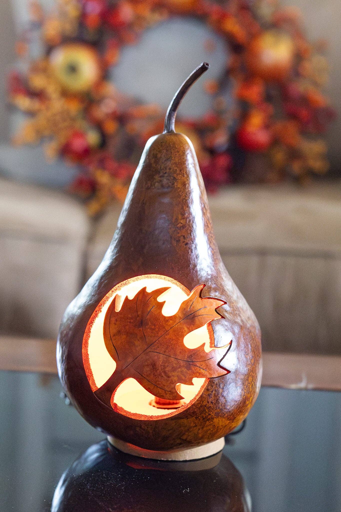 Gourd Luminary - Maple Leaf Silhouette Lit
