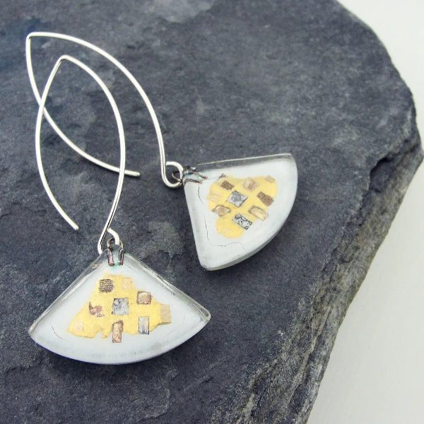 Gold and White Fan Dangle Earrings