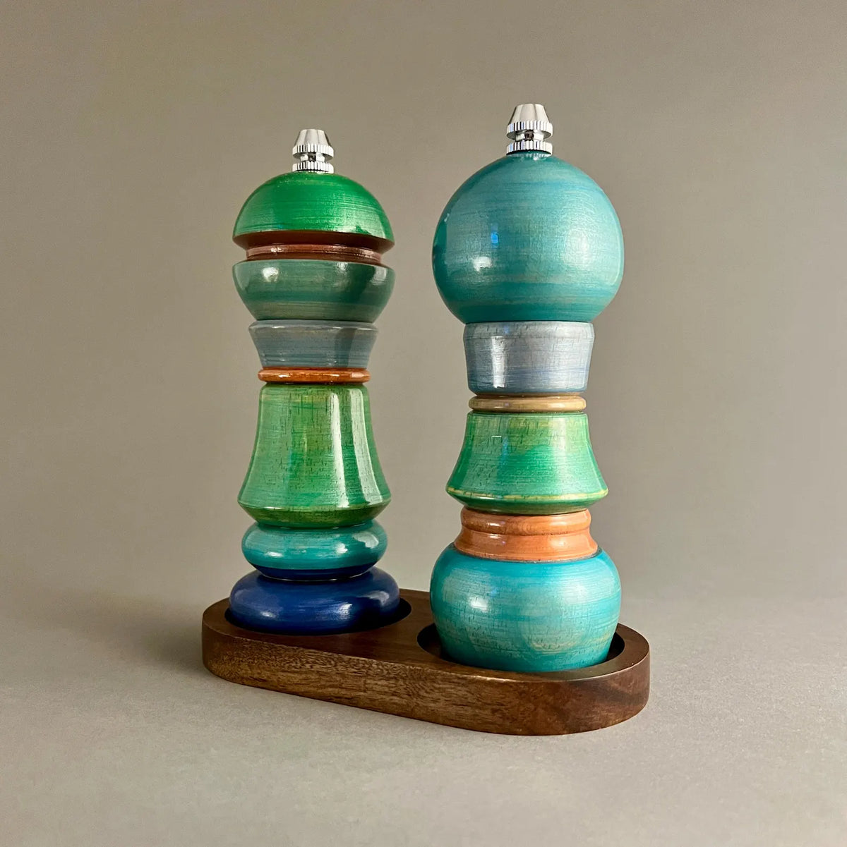 Wood Turned Salt & Pepper Shakers w/ Stand - Med Set
