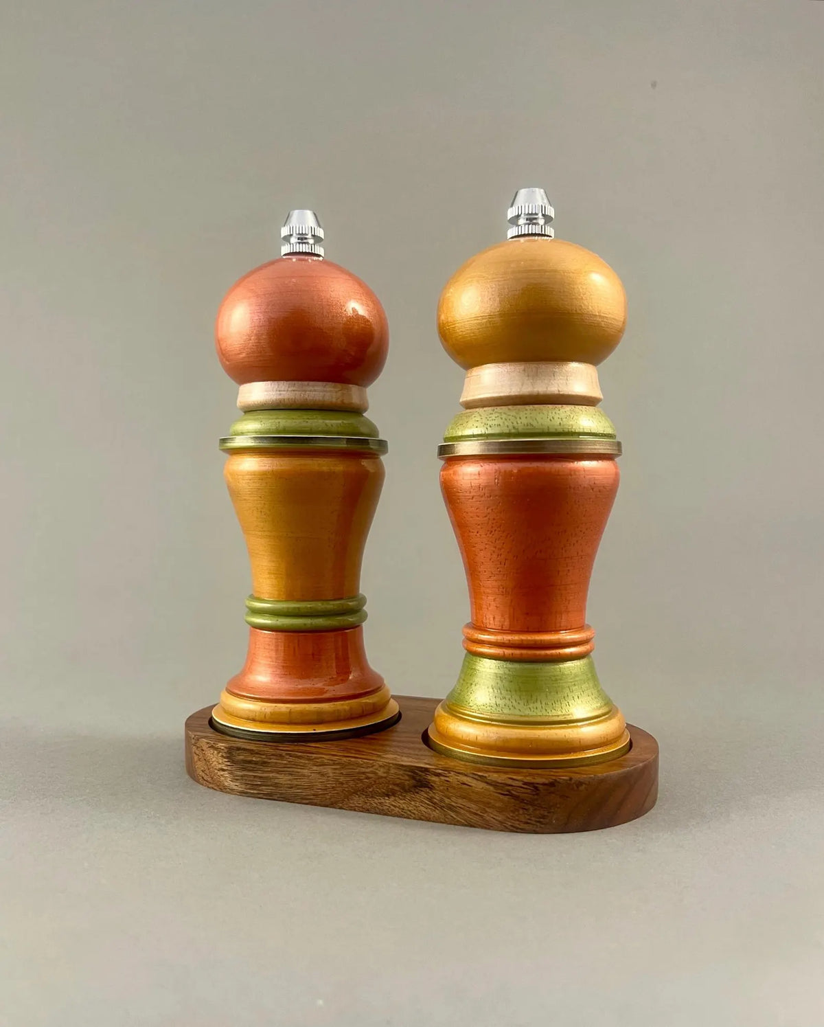 Wood Turned Salt & Pepper Shakers w/ Stand - Med Set