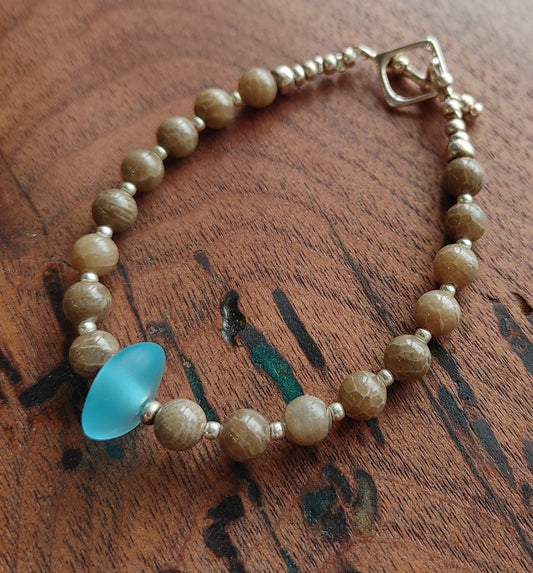 Petoskey Stone Beaded Bracelet with Single Beach Glass