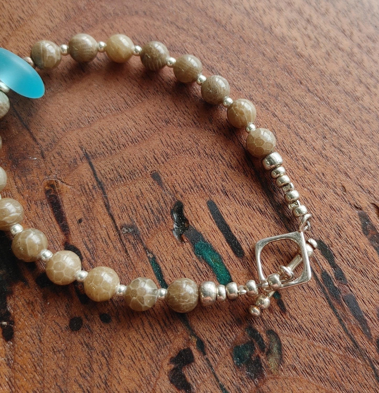 Petoskey Stone Beaded Bracelet with Single Beach Glass