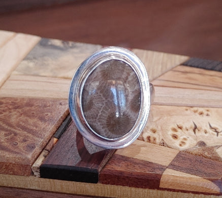 petoskey stone round ring adjustable sterling silver