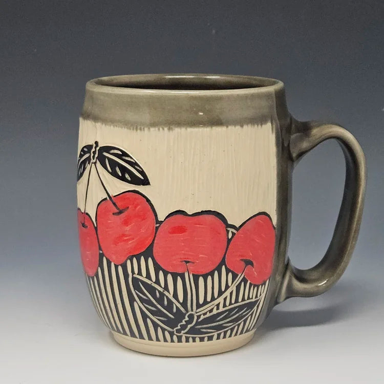 Sgraffito Cherries Ceramic Mug