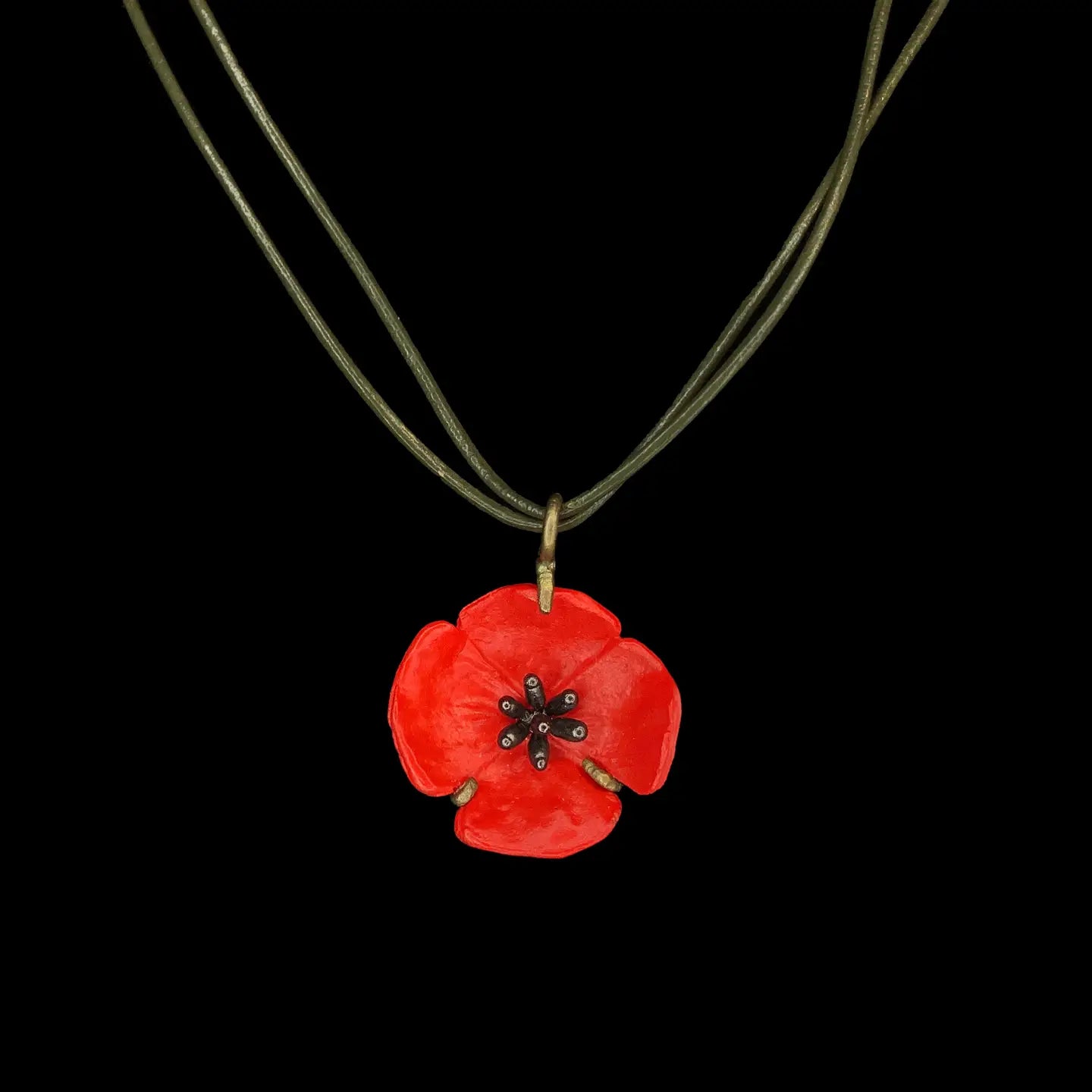 Red Poppy Necklace on Cord - 16inch