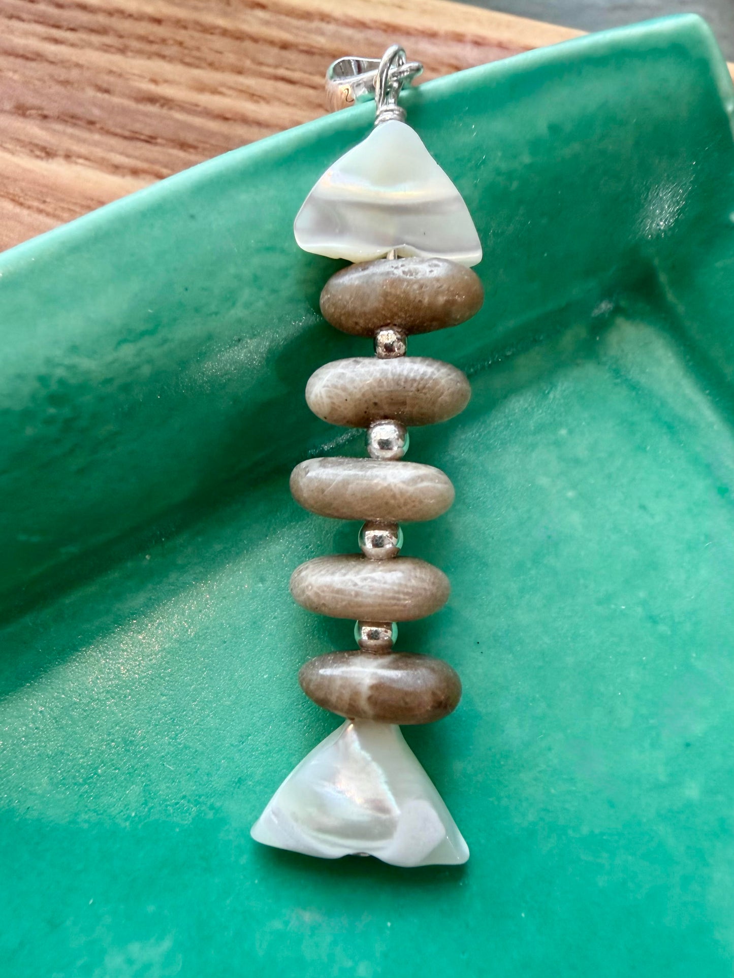 Mother of Pearl Stacked Petoskey Stone Fish Pendant