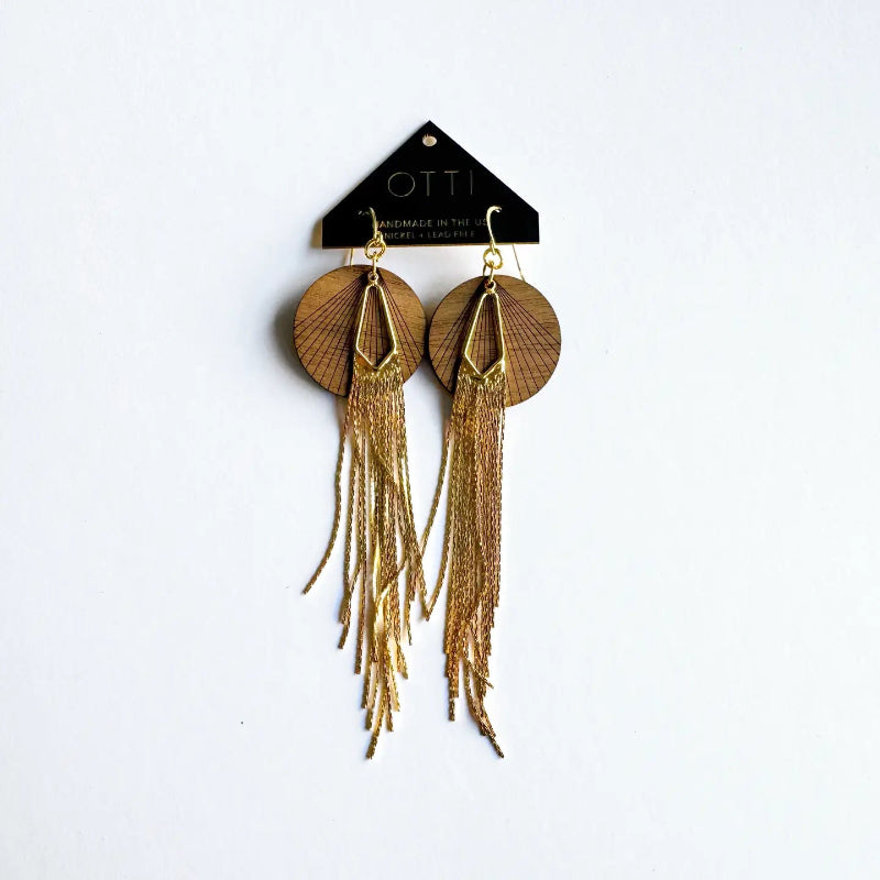 Walnut and Gold Fringe Earrings