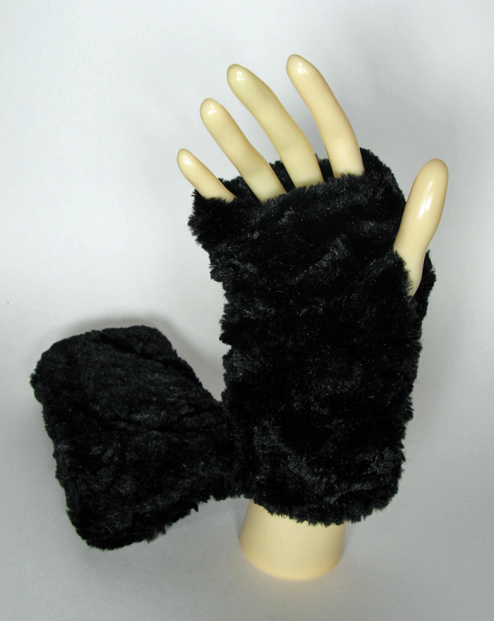 black fur fingerless gloves