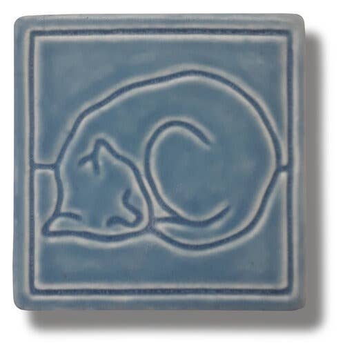 Line Cat Art Tile : Seaside Blue Glaze