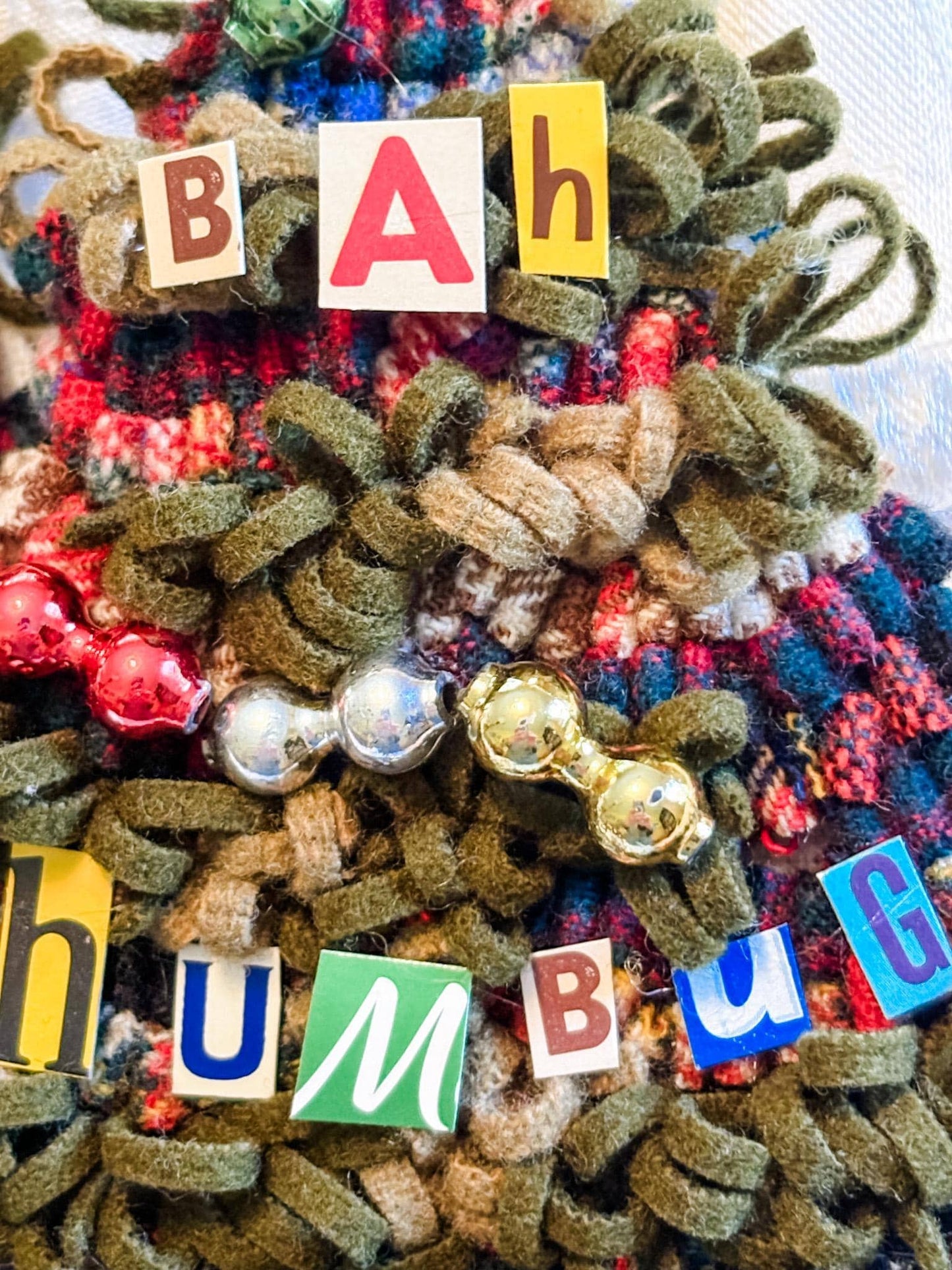 Bah Humbug Cheery Tree - Hooked Rug Christmas Tree Decor