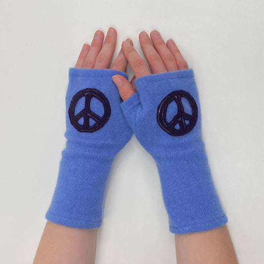 Fingerless Cashmere Gloves-Peace: Purple on Blue / One Size Fits Most