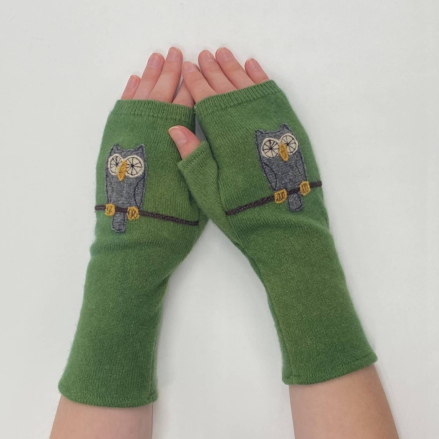 Fingerless Cashmere Gloves-Owl: Olive / One Size Fits Most