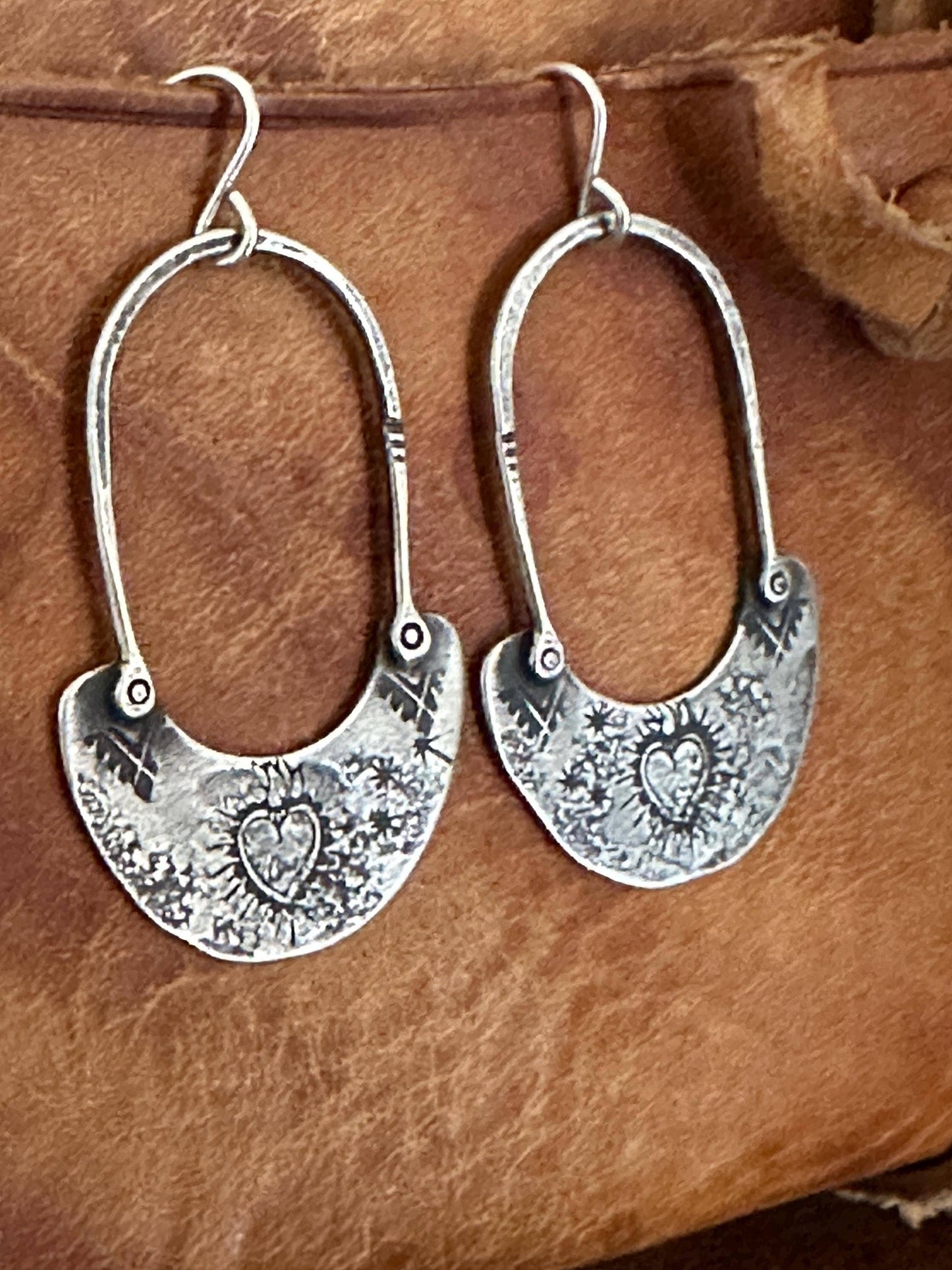 Handmade Sterling Sacred Heart Hoops – Textured Drop Earrings
