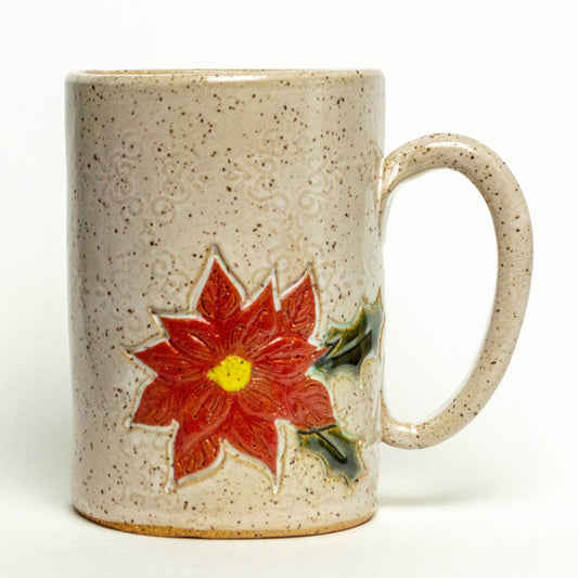 Poinsettia Pattern Handmade in USA - Ceramic White 14oz Mug
