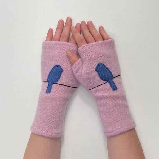 Fingerless Cashmere Gloves-Bird on Wire: Blue on Pink / One Size Fits Most