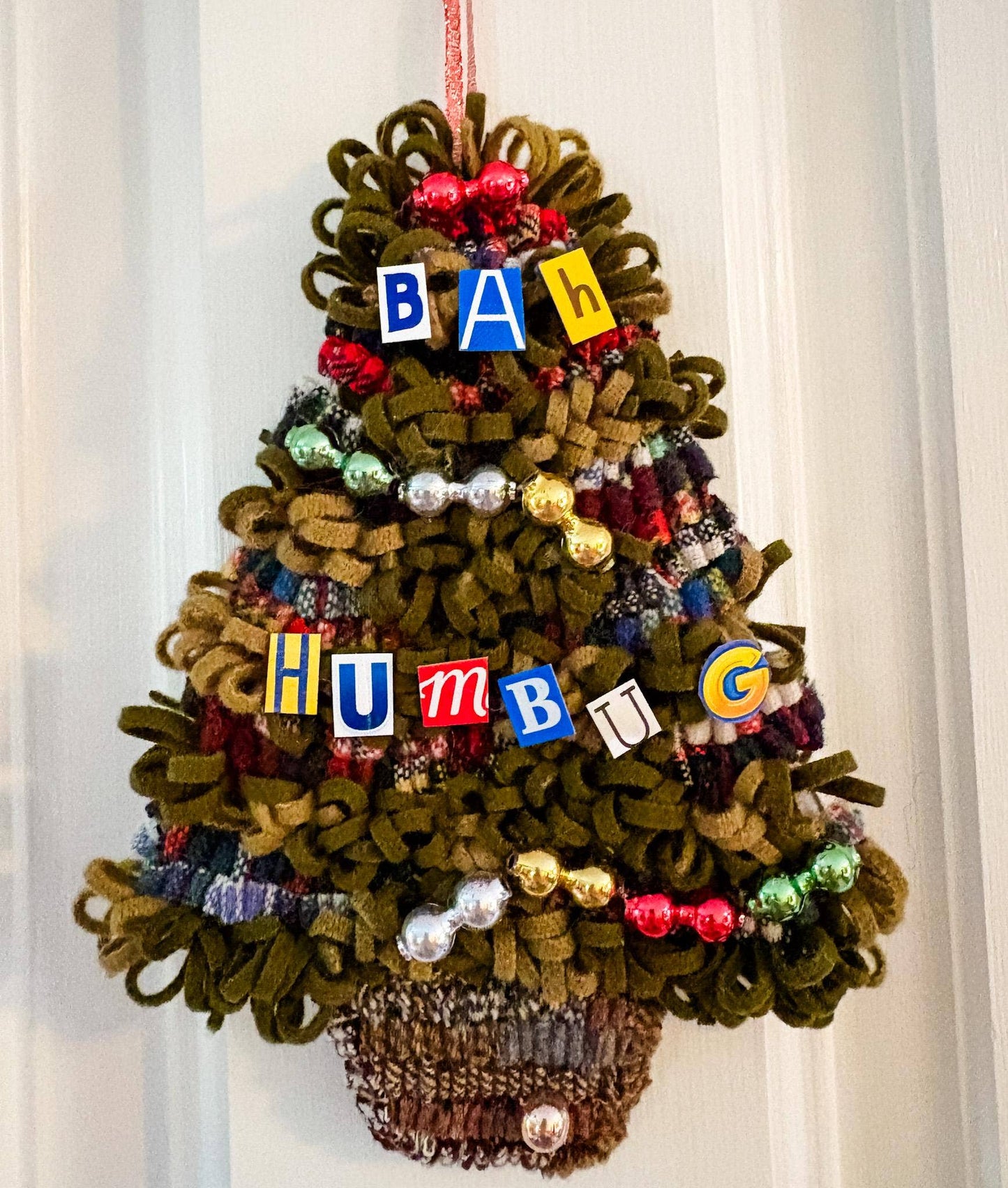 Bah Humbug Cheery Tree - Hooked Rug Christmas Tree Decor