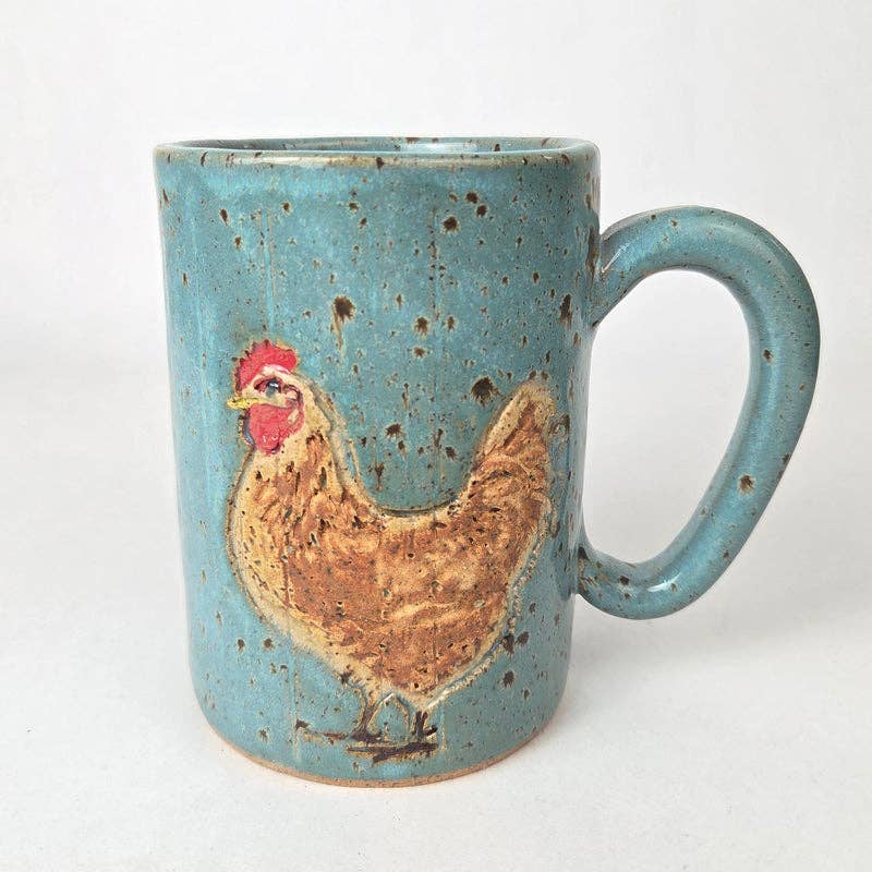 Brown Chicken Stoneware Blue Spangled Handmade 14 oz Mug