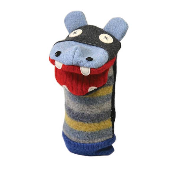 Hippo Puppet | Reclaimed Wool: 12 inch height (30.5 cm).