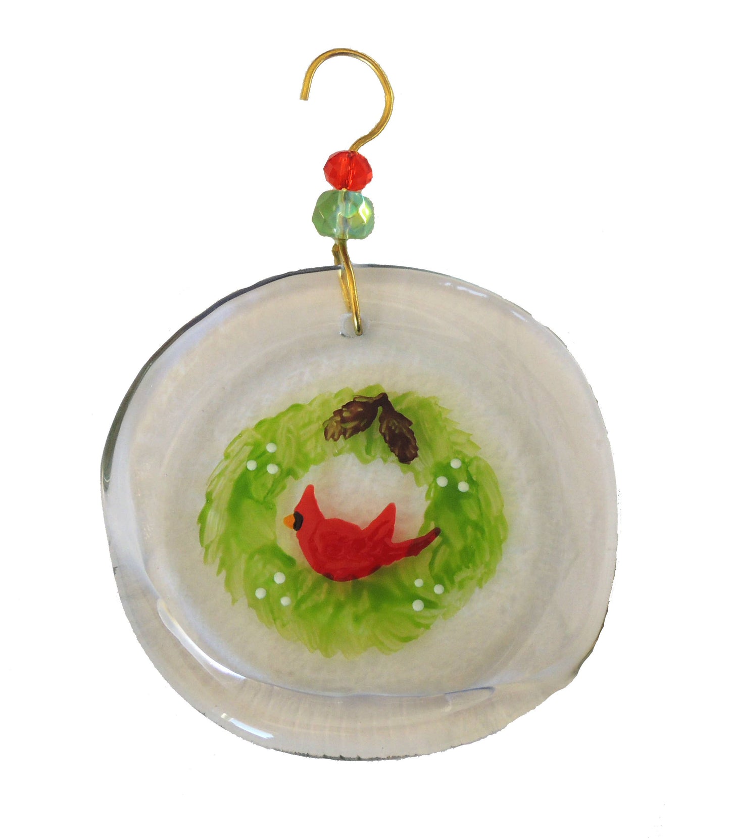 Ornament - Wreath & Bird: Clear glass / One size:  2" - 4"