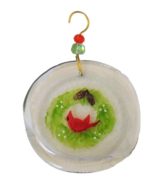 Ornament - Wreath & Bird: Clear glass / One size:  2" - 4"