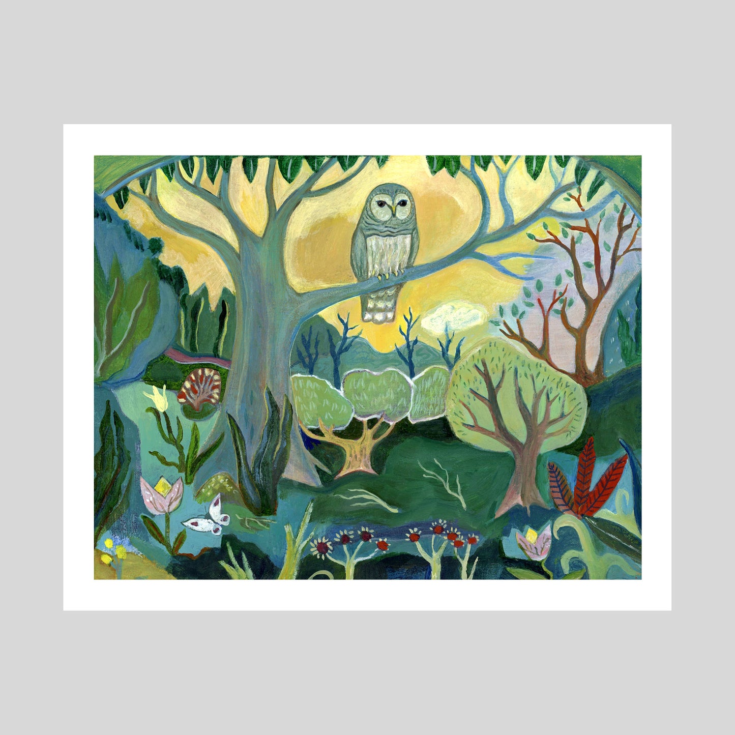 Art Print, Nature, Folk Art, Owl at Sunset