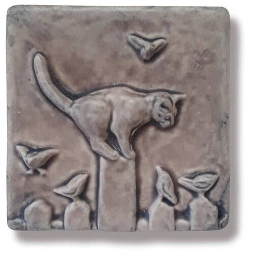 Cat on Fence Art Tile: Sepia Glaze