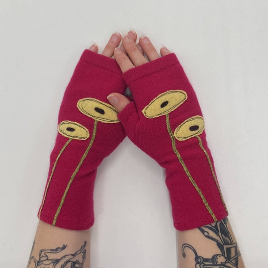 Fingerless Cashmere Gloves-Oval Poppy: Yellow on Fuchsia / One Size Fits Most
