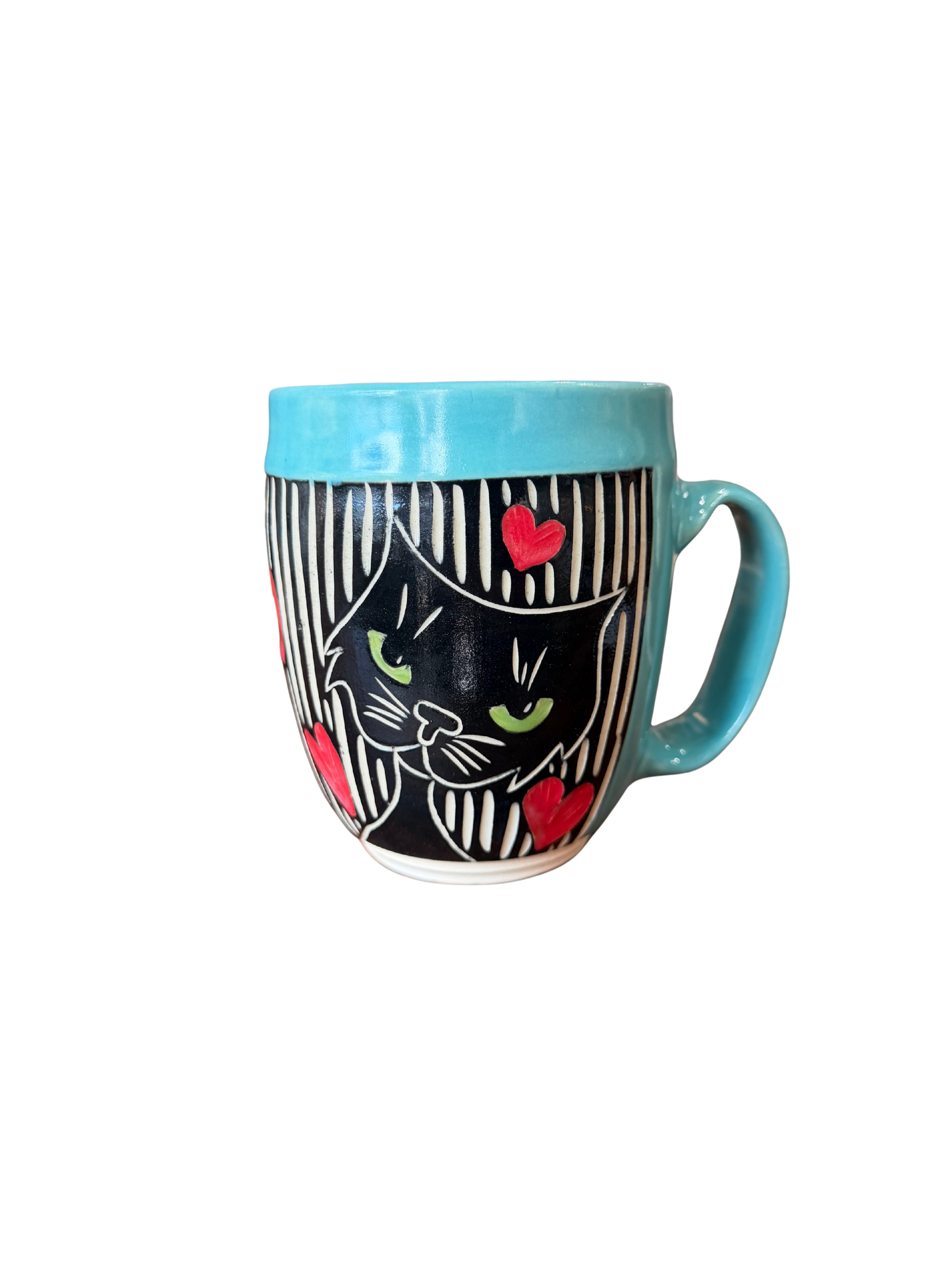 Wheel Thrown Mug - Black Cat Face/Hearts