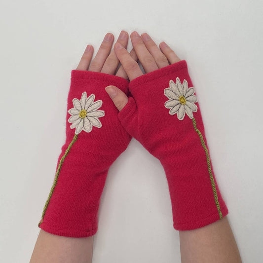 Fingerless Cashmere Gloves-Daisy: White on Red / One Size Fits Most