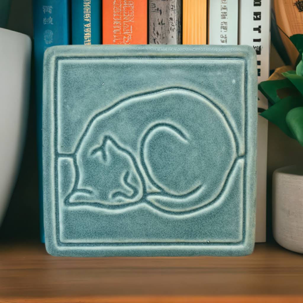 Line Cat Art Tile : Seaside Blue Glaze